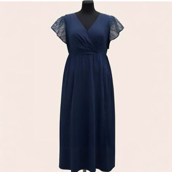 Rare 1X 14 16 Plus Size Blue Lace Flutter Sleeve Mesh Maxi Dress BloomChic - Picture 3 of 9